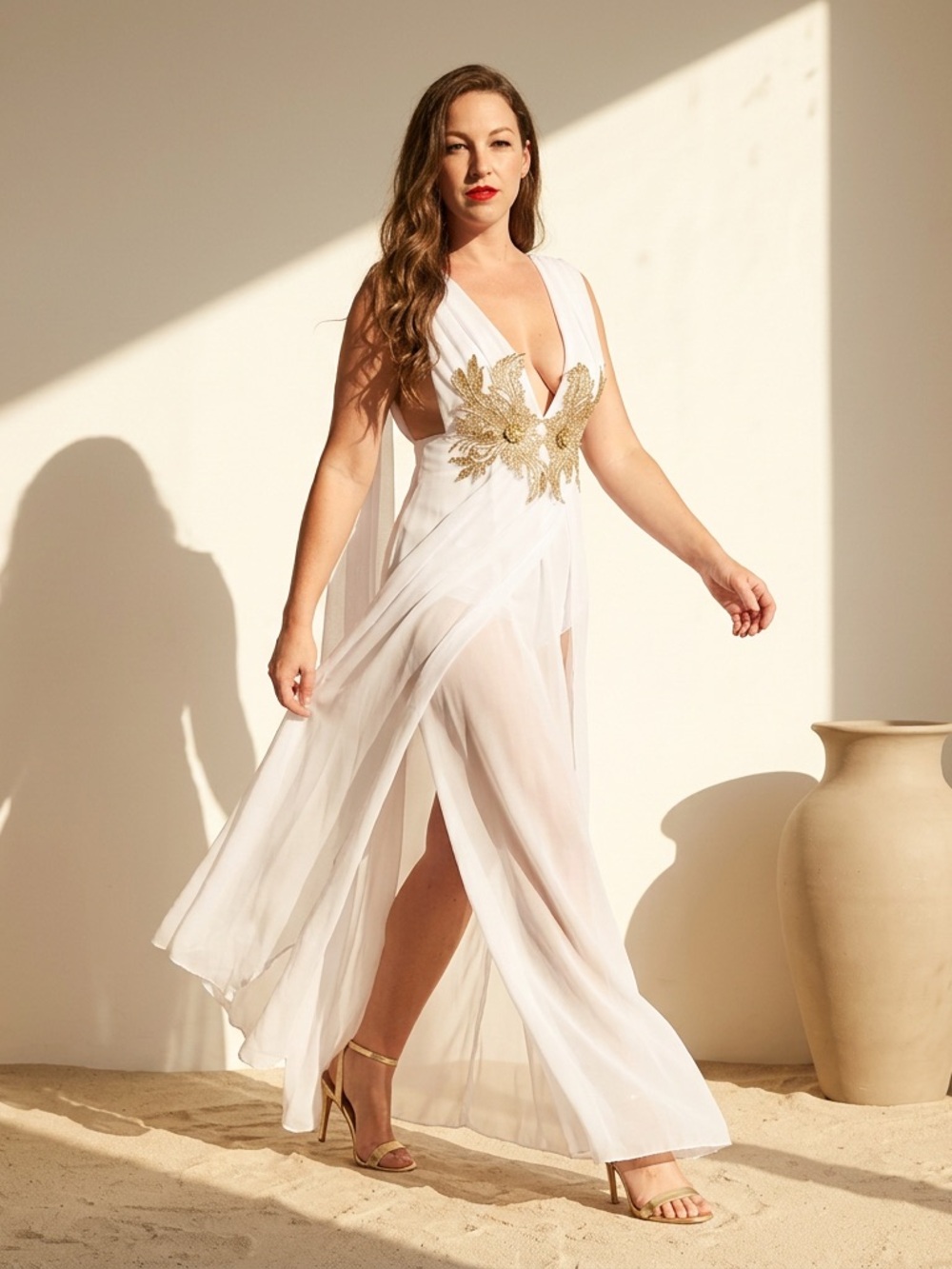 White Grecian Goddess Sheer Maxi Dress | Gold Embellishment | Bodysuit | Dance